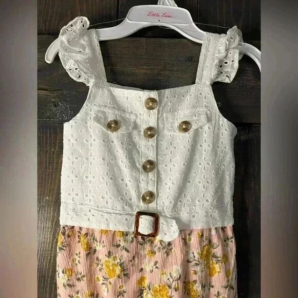 Little Lass Floral Eyelet Jumpsuit with Button Front and Belt‎ Detail Size 4 D36 - Picture 2 of 6